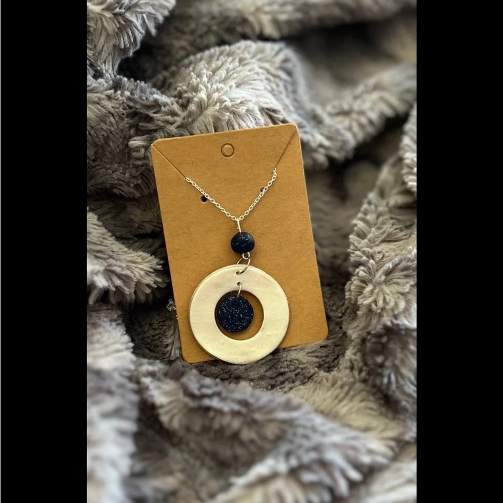 Handmade Clay Statement Necklace Silver Circle Pendant Boho‎ Artisan Jewelry